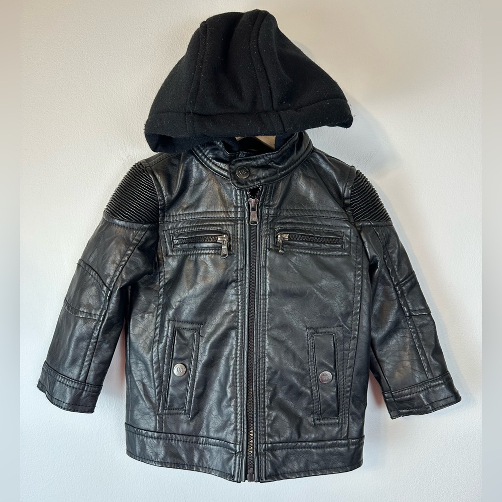 URBAN REPUBLIC Toddler Boys Black Faux Leather Hooded Moto Jacket | Size 2T
